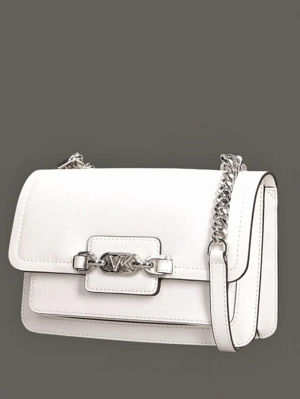 🥀Michael Kors Heather Leather Shoulder Bag In White With Silver Hardware